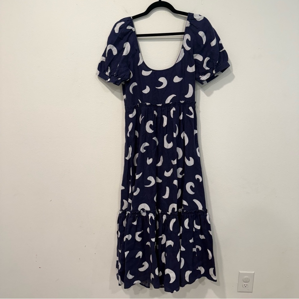Polo Ralph Lauren Navy Blue Brushstroke-Motif Tiered Linen Dress 4 - Picture 7 of 8